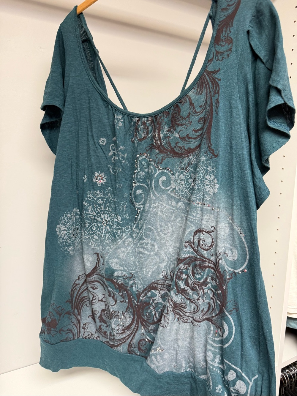 Teal Floral Scroll Short Sleeve Women's Top